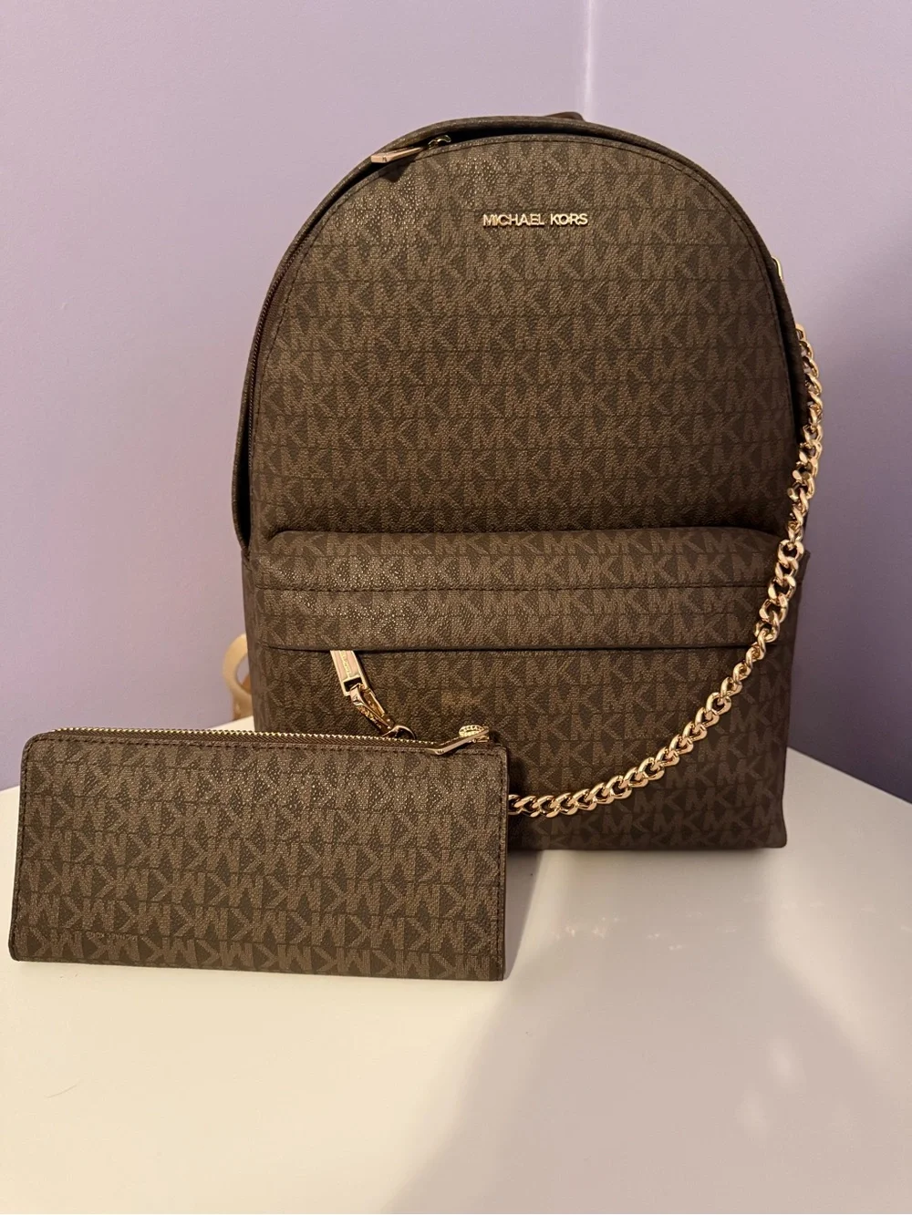 Michael Kors Brown Monogram Backpack with Wallet
